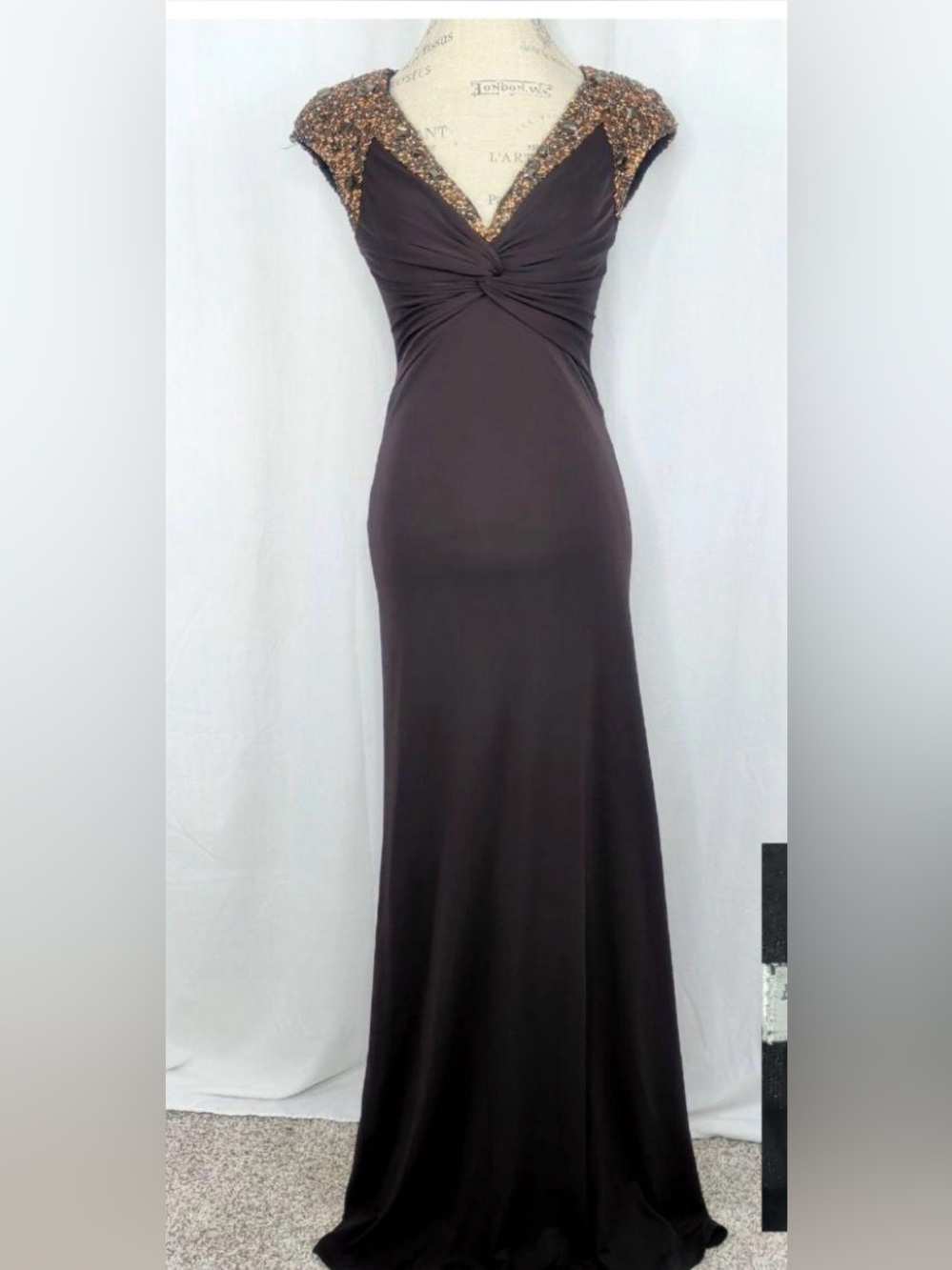 Alberto Makali Brown Maxi Gown with Metallic Embellished Shoulders